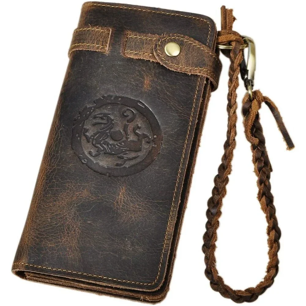 ✨Le'aokuu Men Brown Genuine Leather Organizer Checkbook Removable Chain Wallet